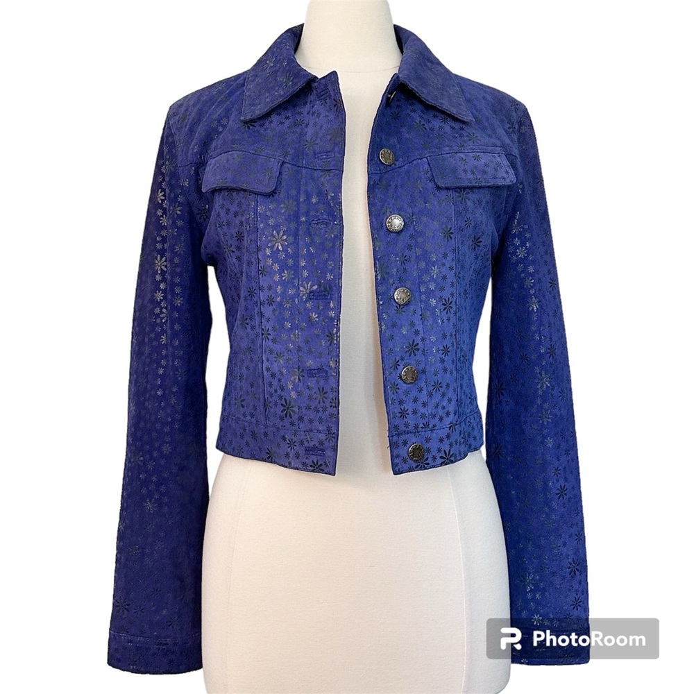 Julio Sport Deportivo Blue Leather Floral Embossed Cropped Jacket Size S